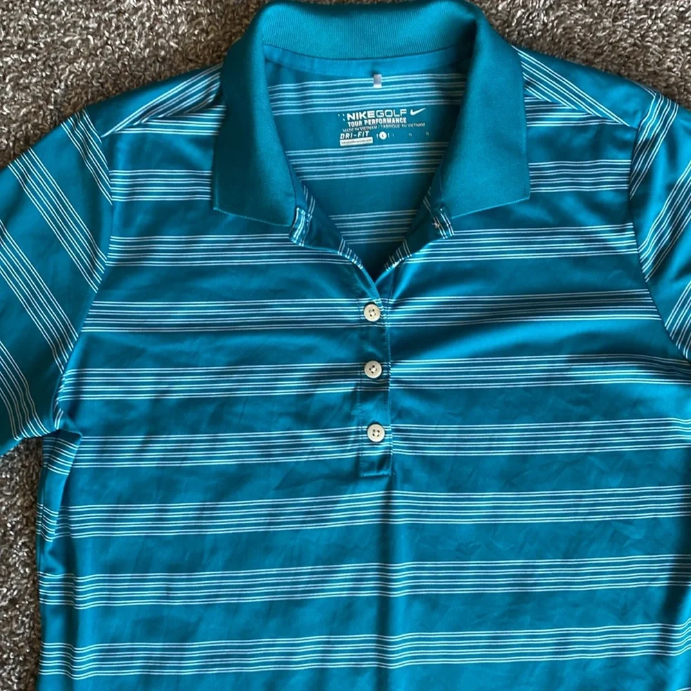 Nike Golf Tour Performance Dr-Fit Teal & White Stripe Polo Shirt, Women’s L